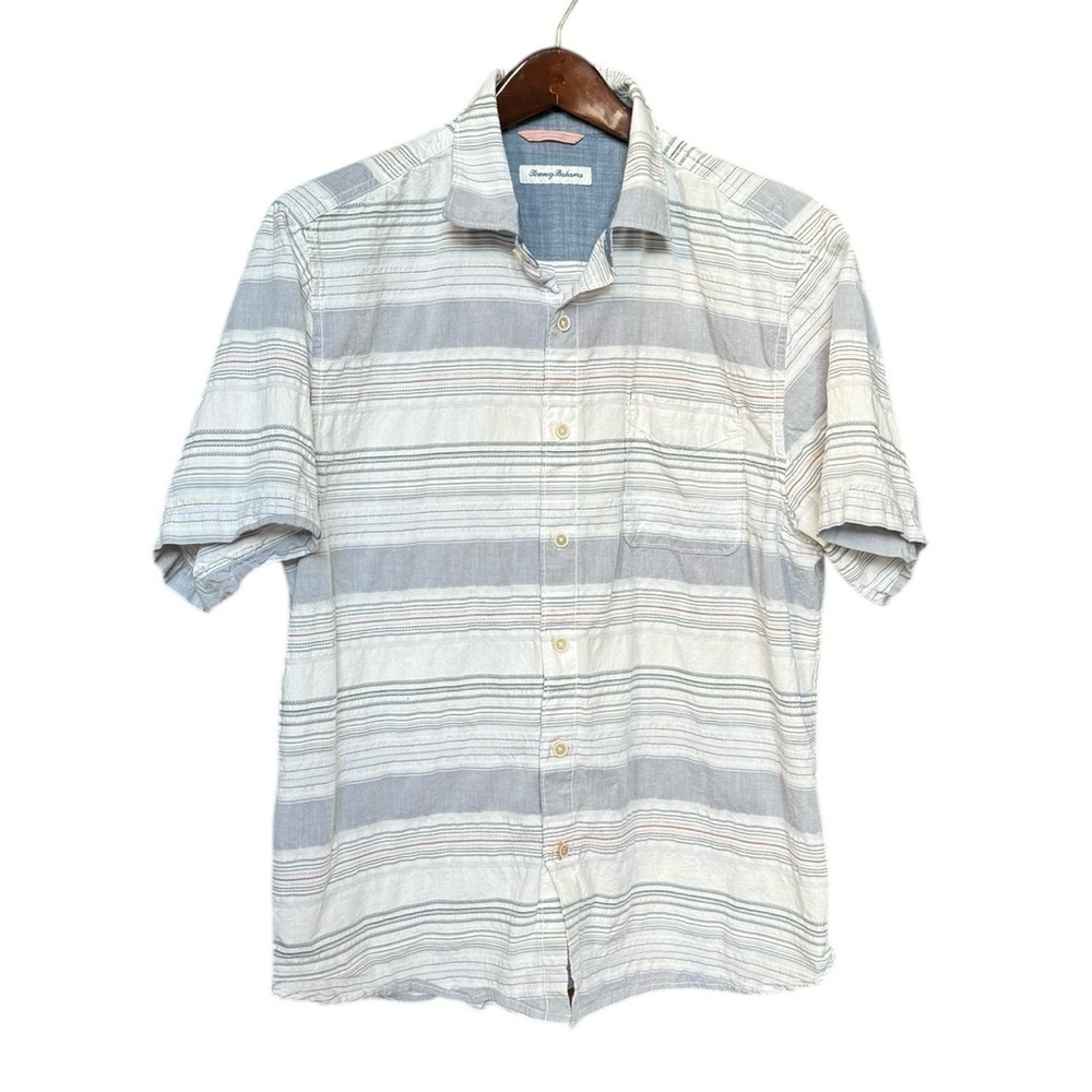 Tommy Bahama Gray White Striped‎ Cotton Button Up Shirt | Men’s Size Large